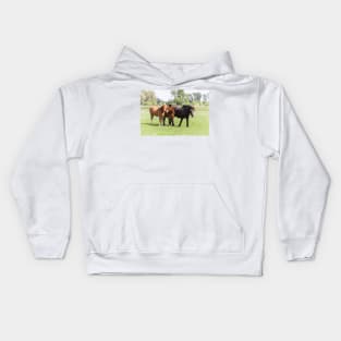 Three horses on pasture looking at camera Kids Hoodie